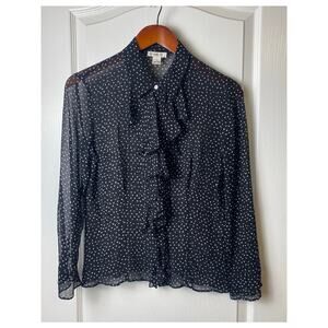 Harold's Silk Black White Polka Dot Ruffle Bodice Button Blouse Whimsygoth Small